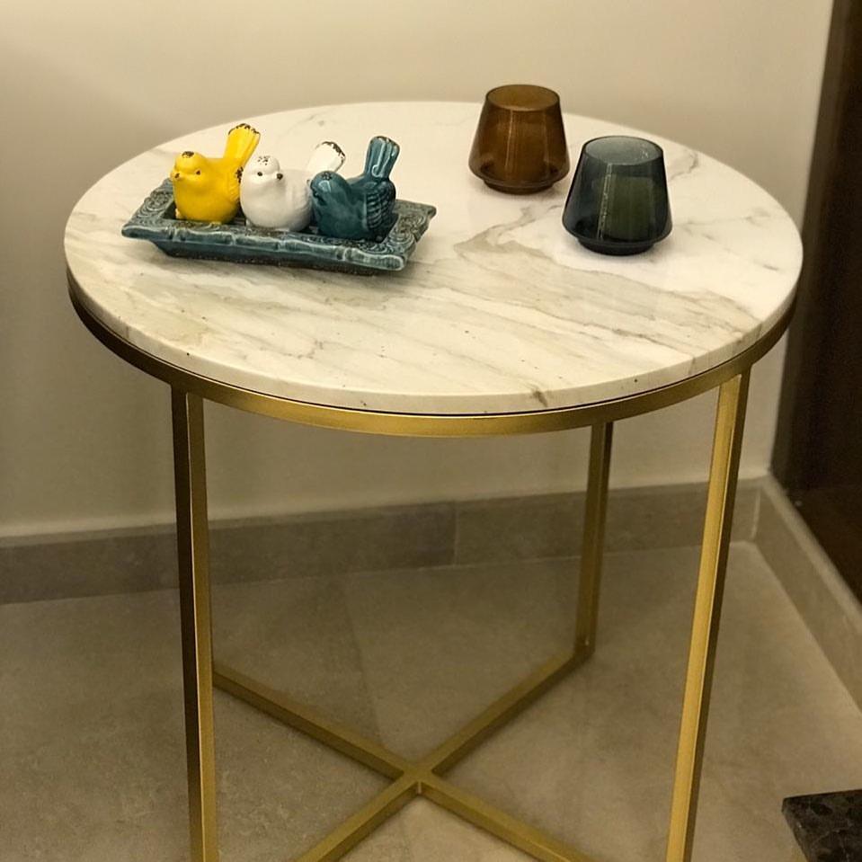 Round Marble Side Table with Gold Frame