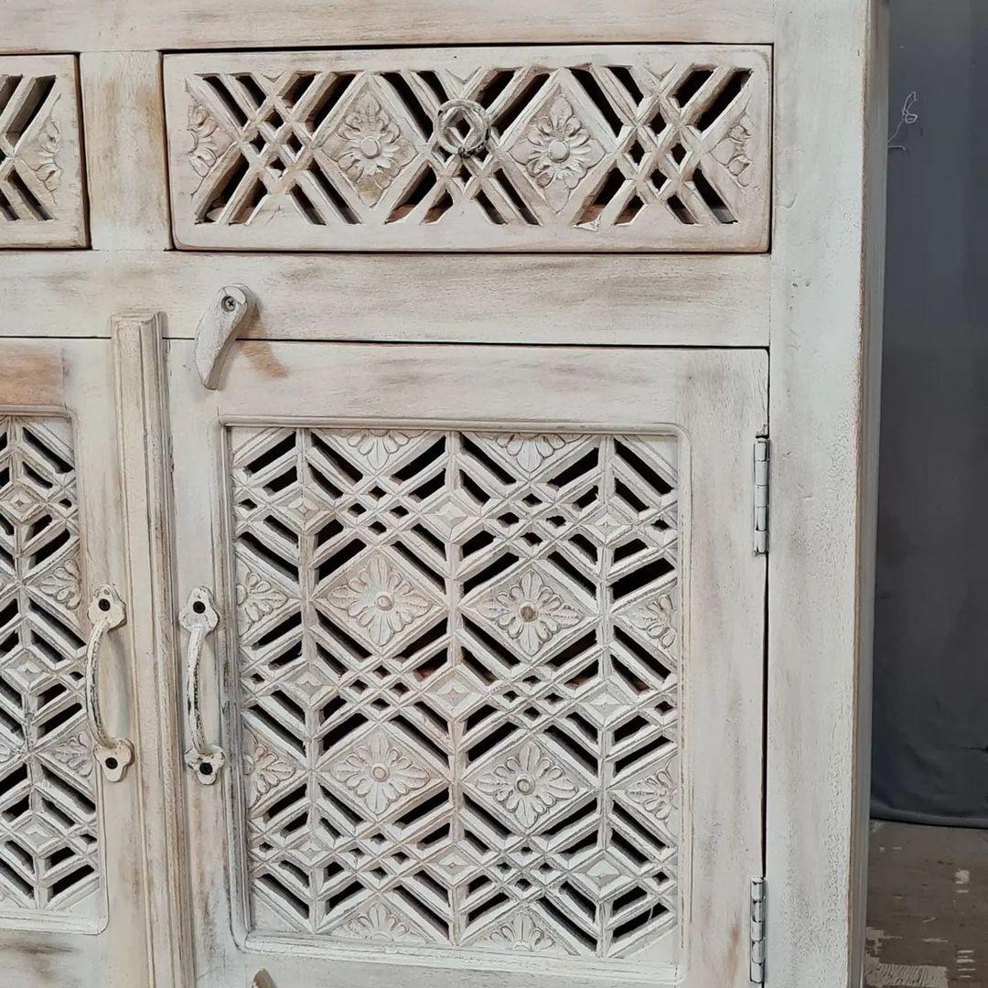 Vintage Wooden Cabinet with Lattice Design - Image 3