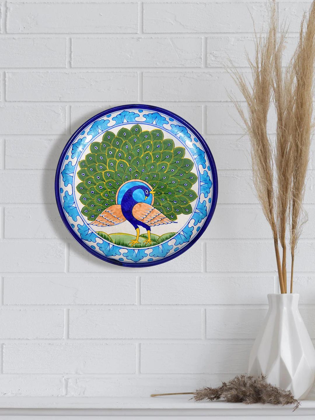 Blue Pottery Peacock Wall Plate