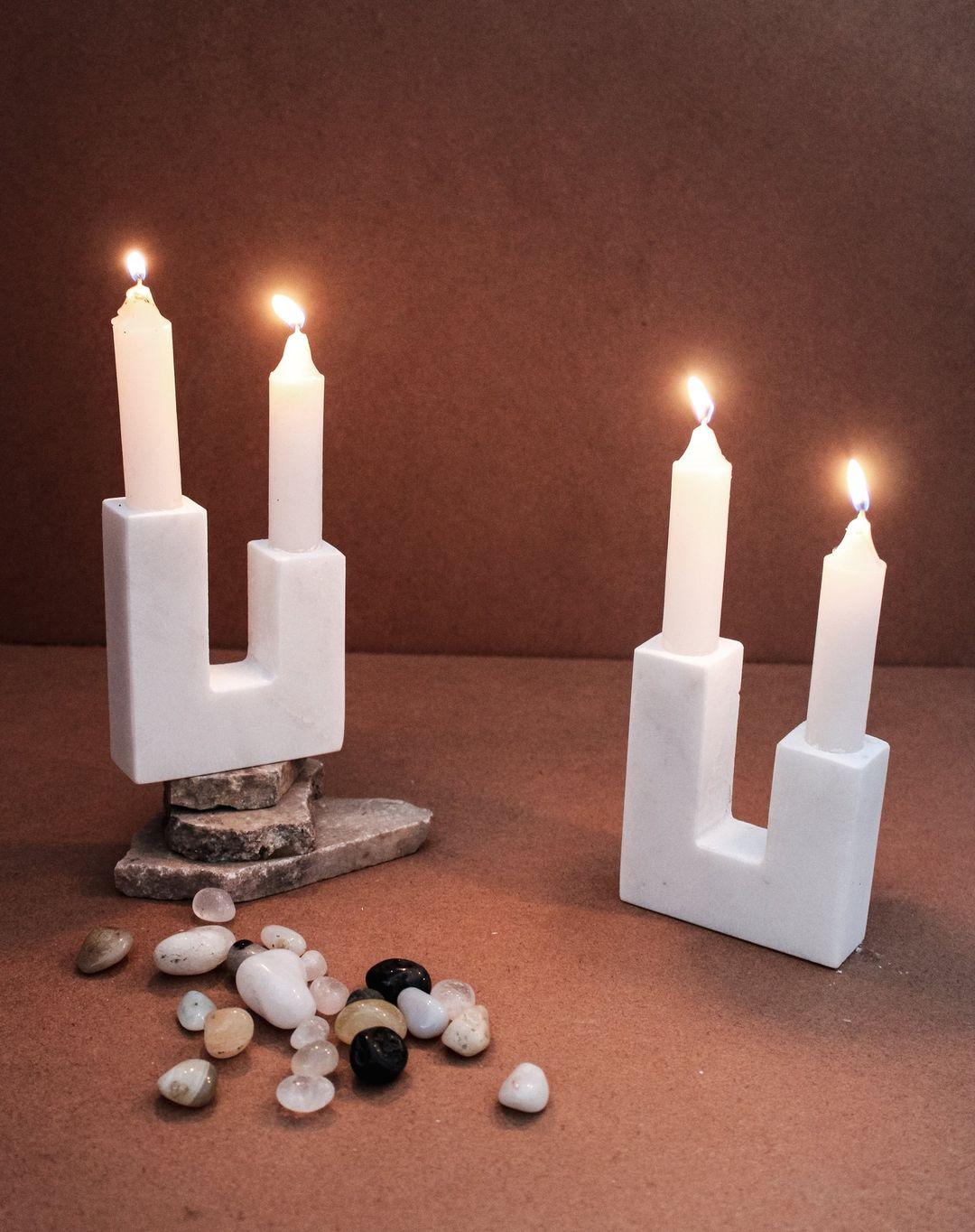 White Marble Geometric Candle Holders