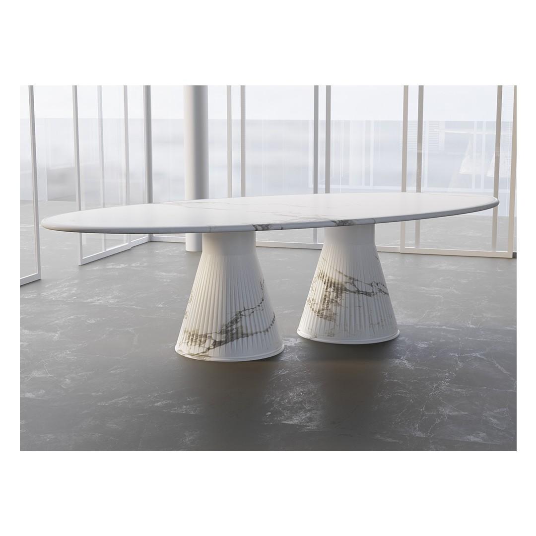 Oval Marble Dining Table with Fluted Base