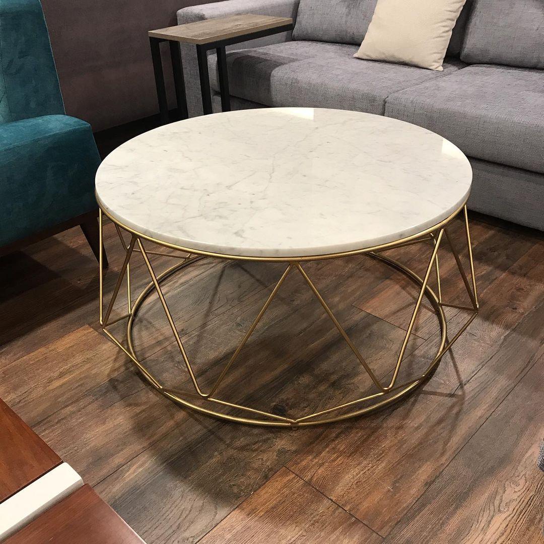 Round Marble Coffee Table with Geometric Gold Base