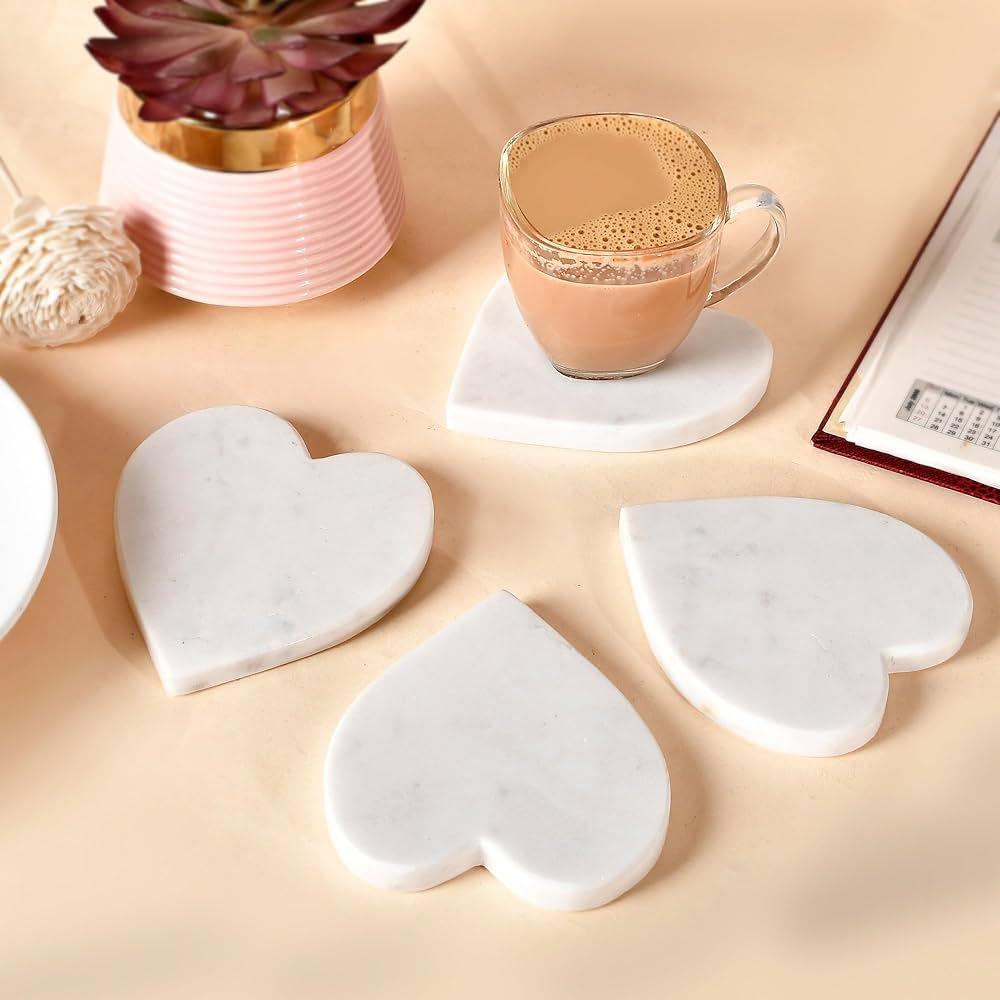 White Marble Heart Coaster Set