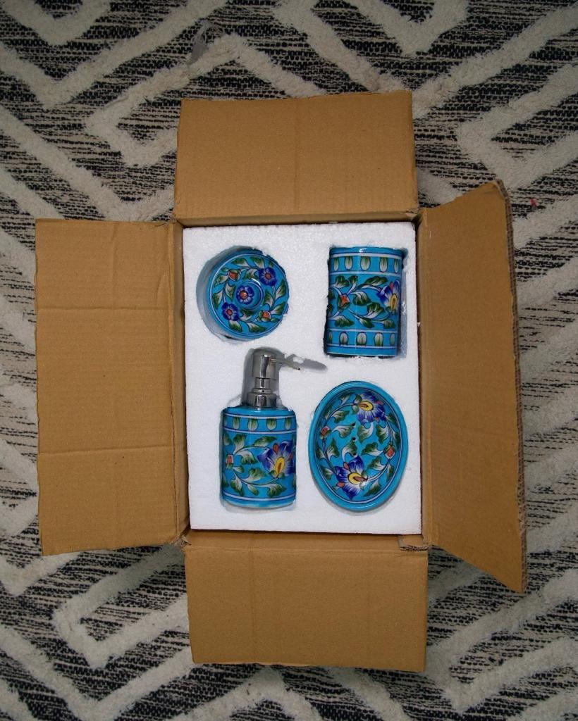 Blue Pottery Bathroom Accessory Set