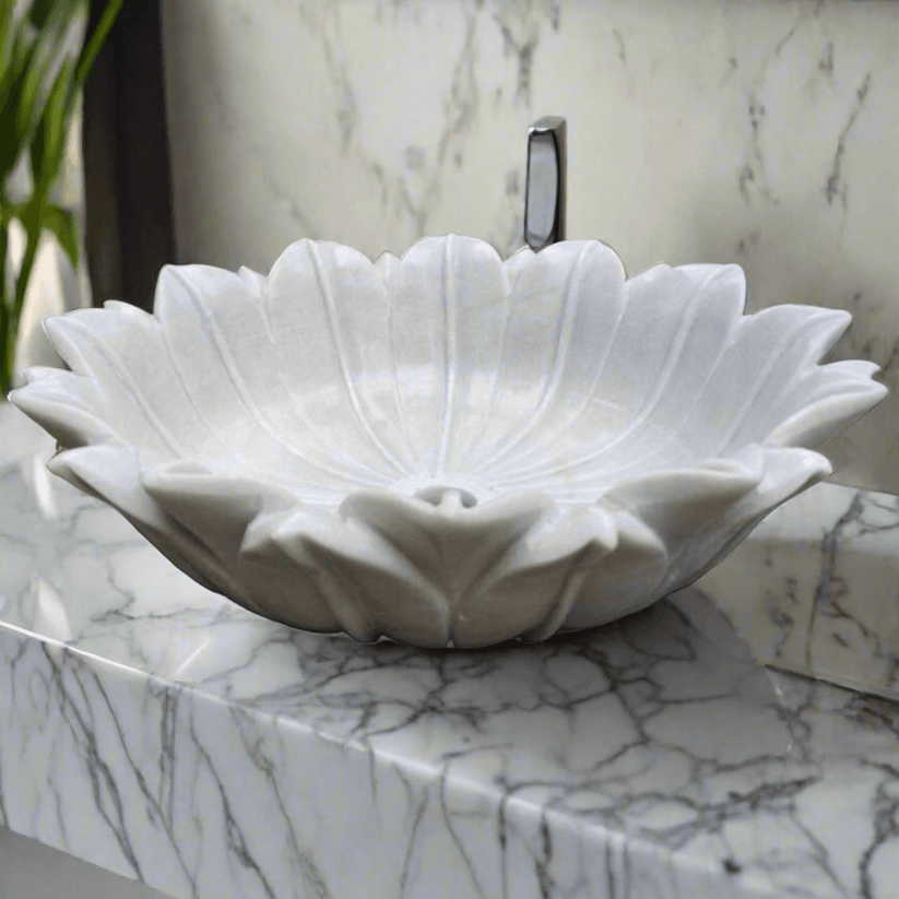 White Marble Floral Washbasin